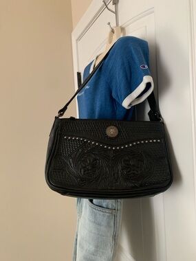 Vintage American West Black Tooled Leather Shoulder Bag with Concho